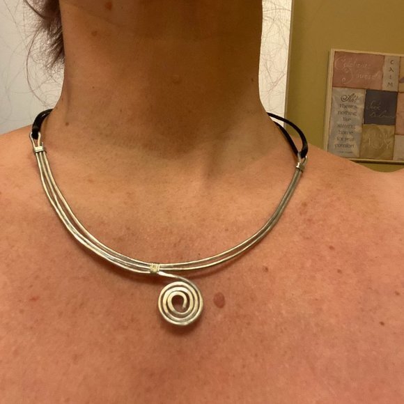 Hammered Stainless Steel Choker (bib) on Satin Cord - Picture 12 of 13